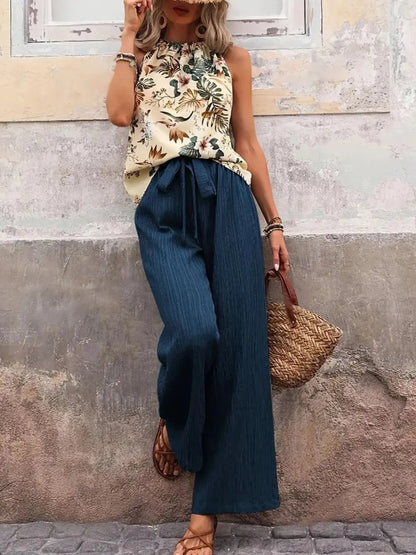Damen Set mit bedrucktem Tanktop und weitem Hosenbein - Livezo