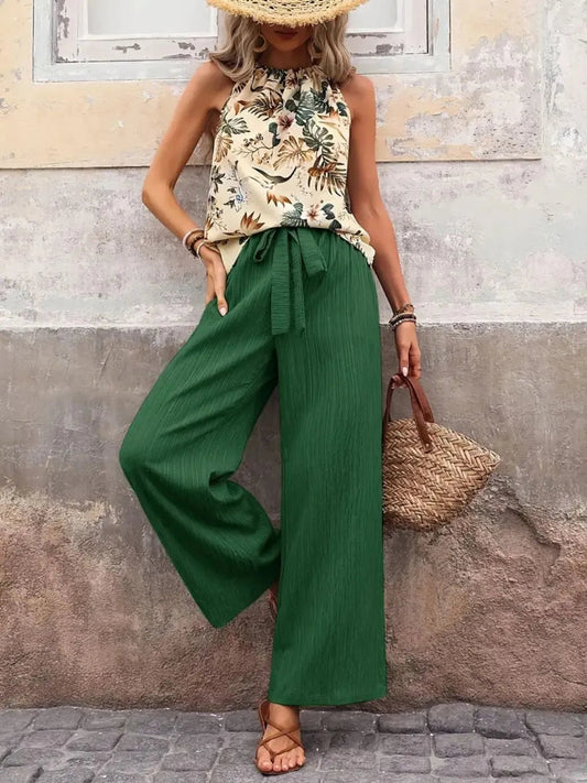 Damen Set mit bedrucktem Tanktop und weitem Hosenbein - Livezo