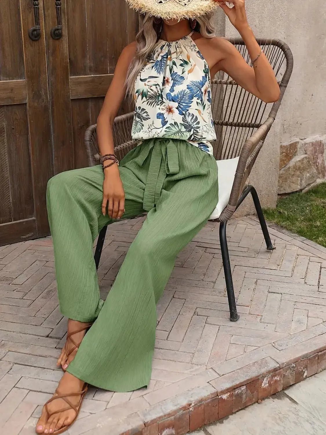 Damen Set mit bedrucktem Tanktop und weitem Hosenbein - Livezo