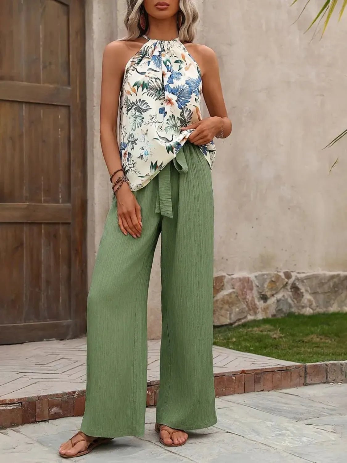Damen Set mit bedrucktem Tanktop und weitem Hosenbein - Livezo