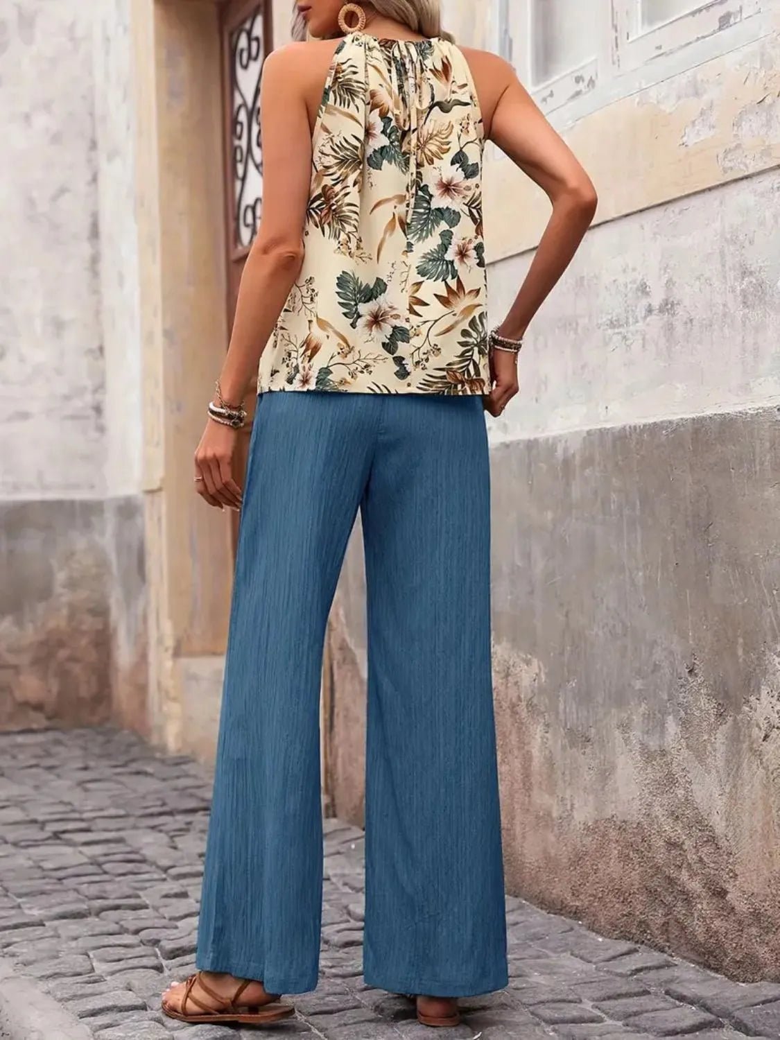 Damen Set mit bedrucktem Tanktop und weitem Hosenbein - Livezo