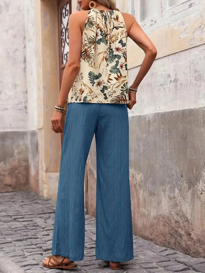 Damen Set mit bedrucktem Tanktop und weitem Hosenbein - Livezo