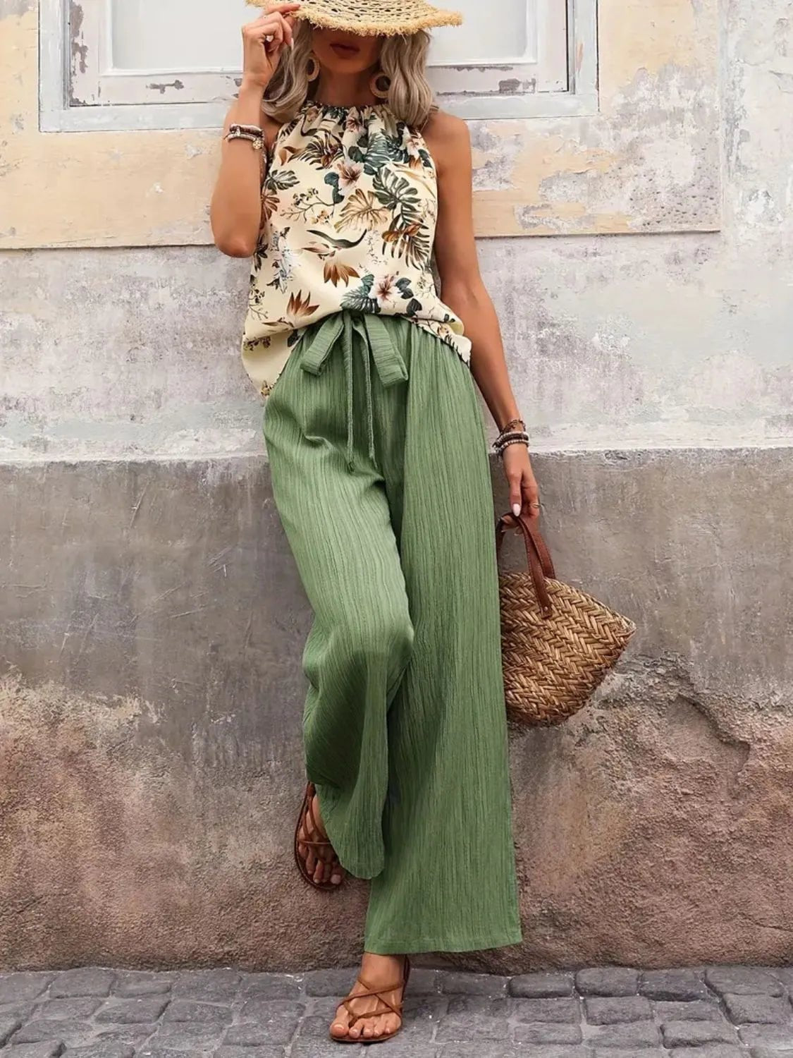 Damen Set mit bedrucktem Tanktop und weitem Hosenbein - Livezo