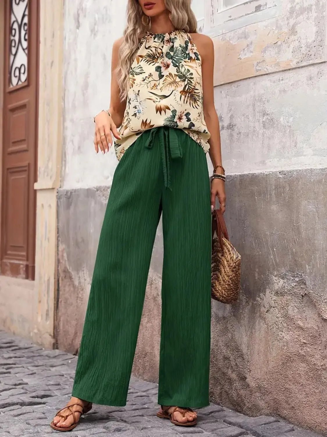 Damen Set mit bedrucktem Tanktop und weitem Hosenbein - Livezo