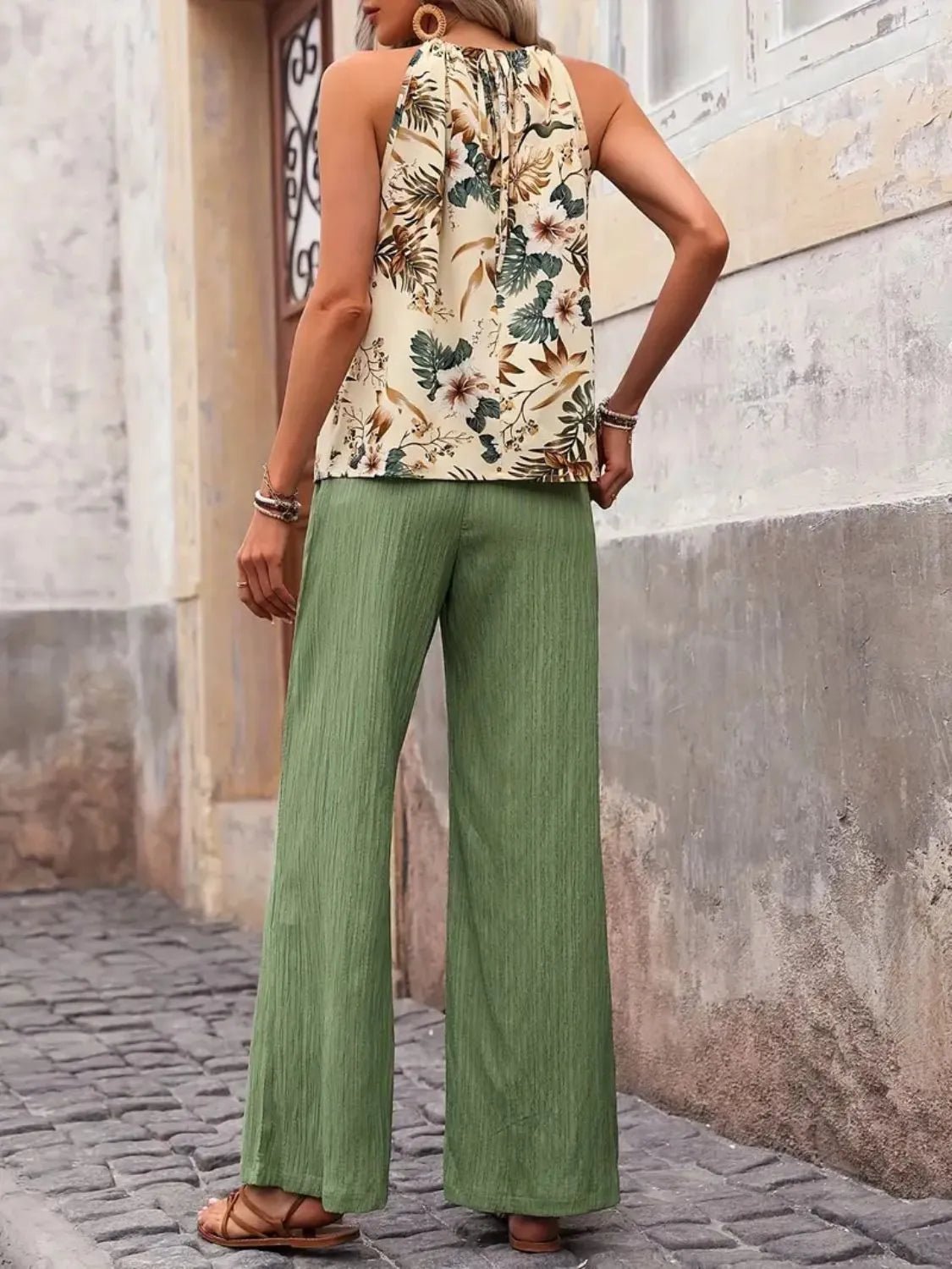 Damen Set mit bedrucktem Tanktop und weitem Hosenbein - Livezo