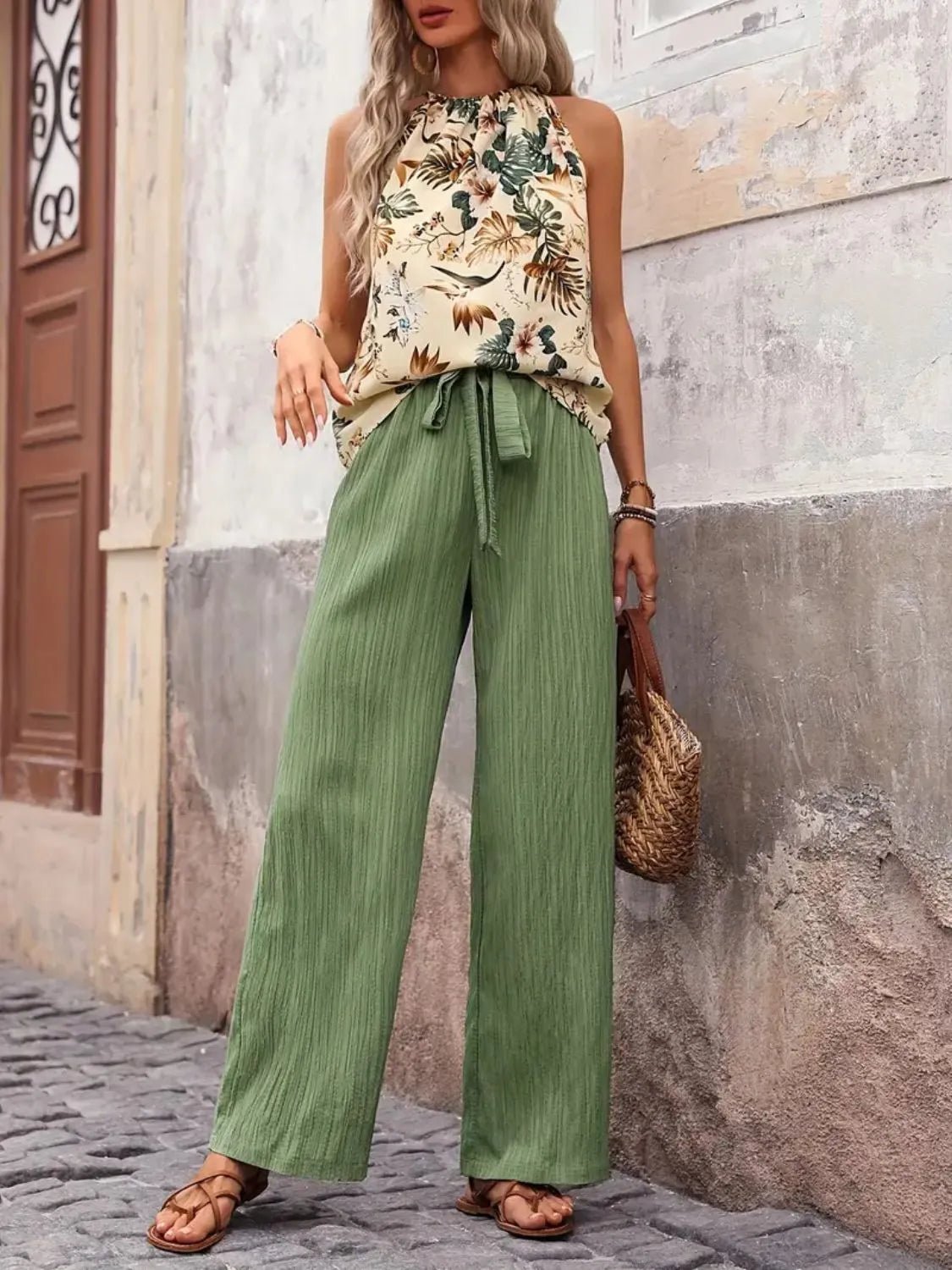 Damen Set mit bedrucktem Tanktop und weitem Hosenbein - Livezo
