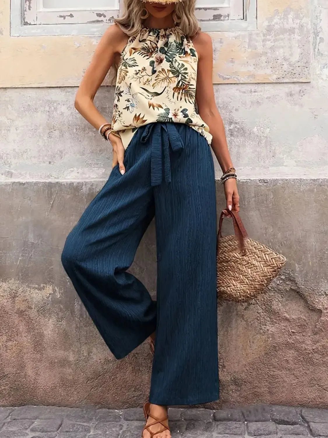 Damen Set mit bedrucktem Tanktop und weitem Hosenbein - Livezo