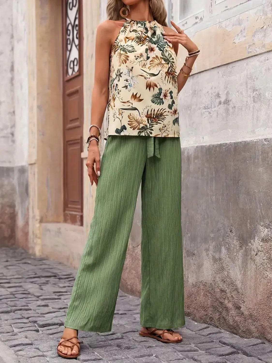 Damen Set mit bedrucktem Tanktop und weitem Hosenbein - Livezo