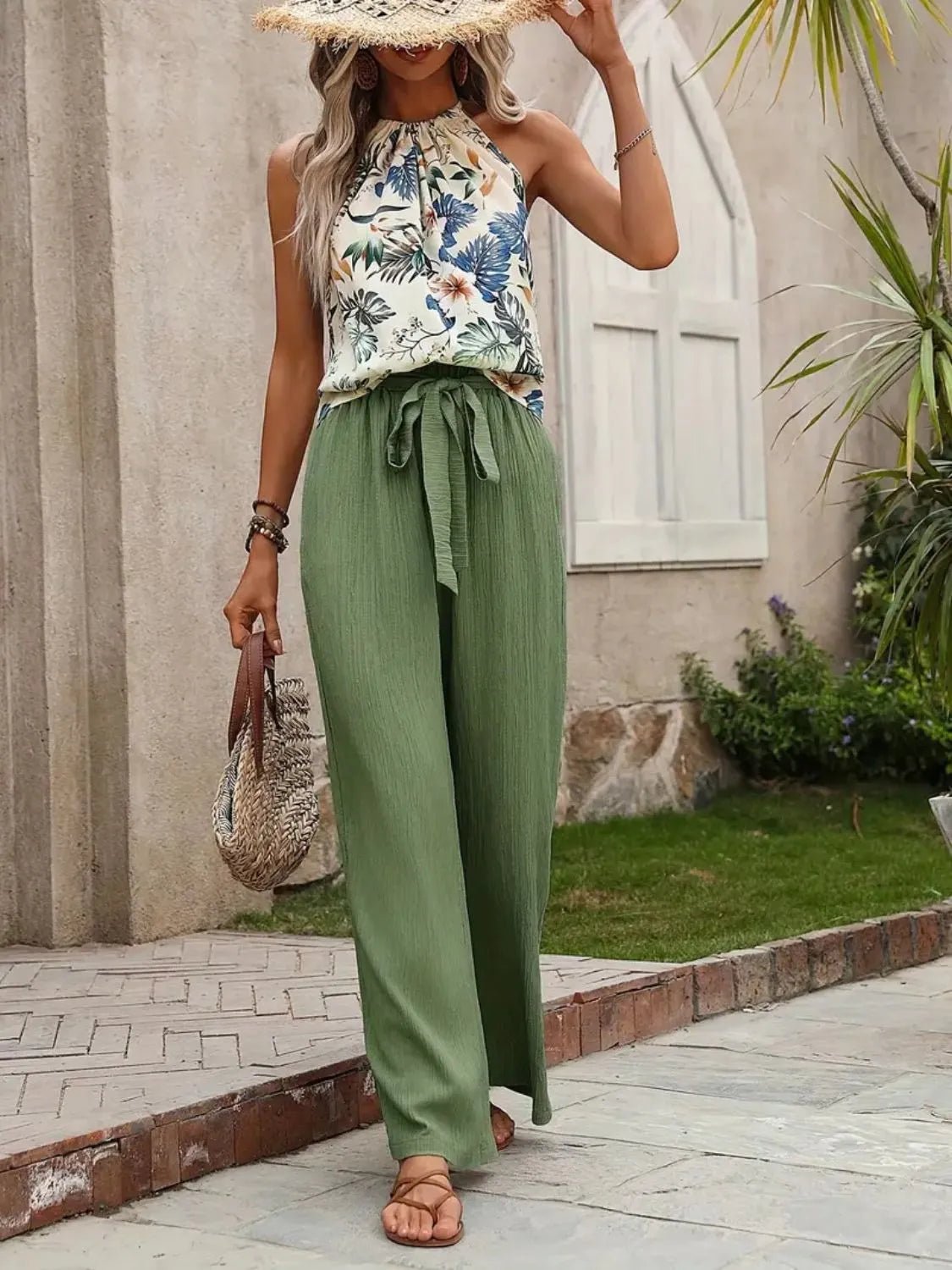 Damen Set mit bedrucktem Tanktop und weitem Hosenbein - Livezo