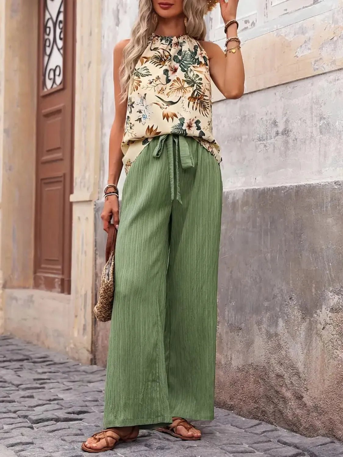 Damen Set mit bedrucktem Tanktop und weitem Hosenbein - Livezo