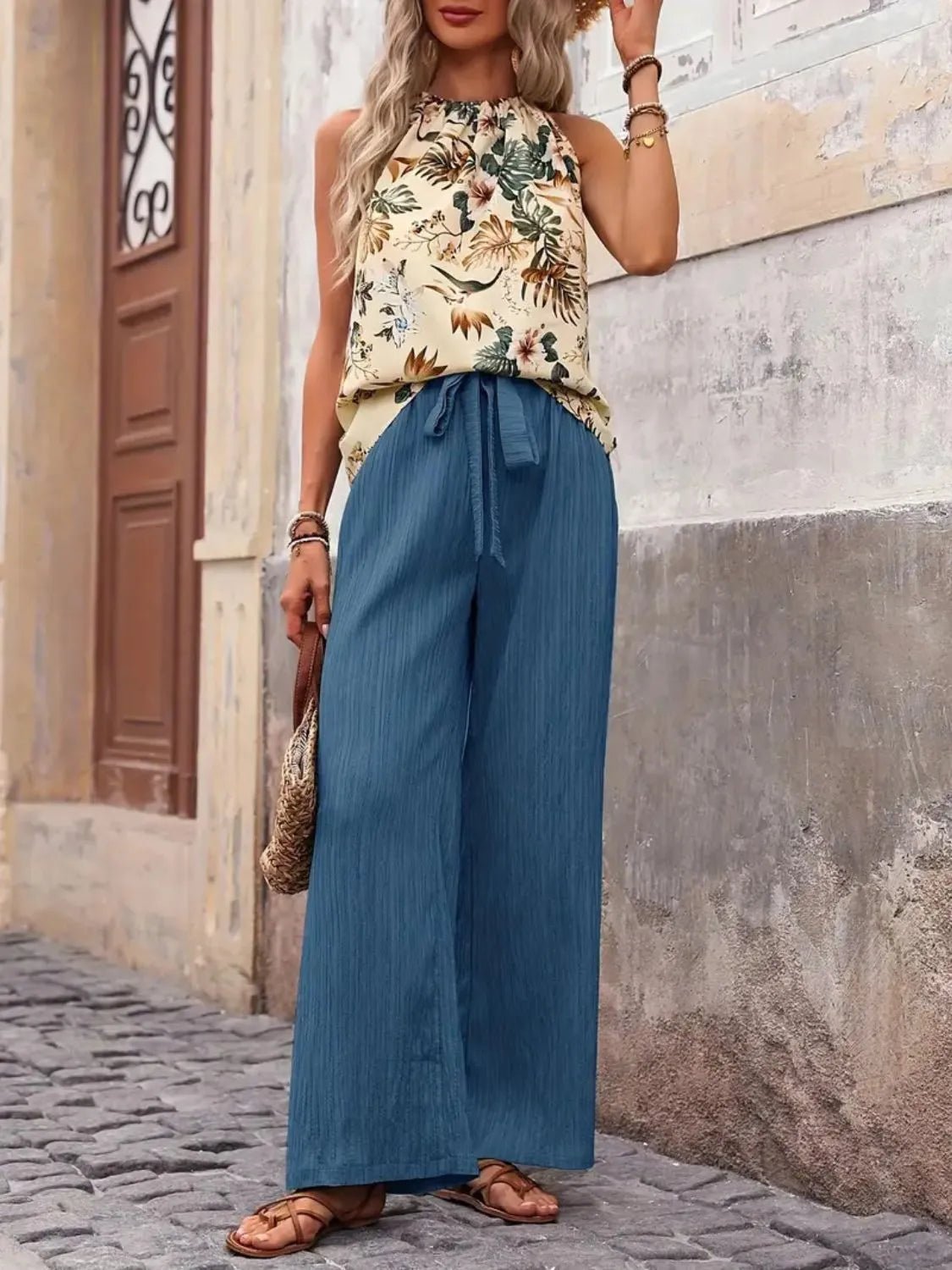 Damen Set mit bedrucktem Tanktop und weitem Hosenbein - Livezo