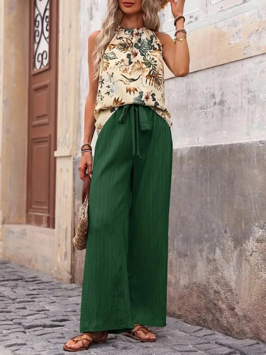 Damen Set mit bedrucktem Tanktop und weitem Hosenbein - Livezo