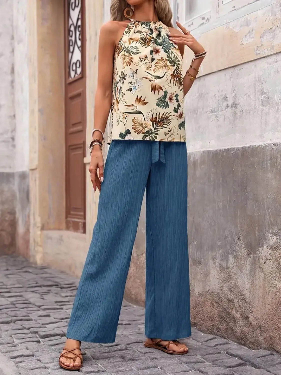 Damen Set mit bedrucktem Tanktop und weitem Hosenbein - Livezo