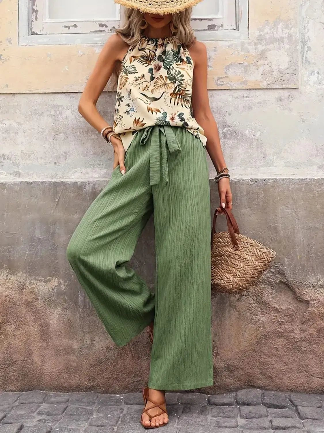 Damen Set mit bedrucktem Tanktop und weitem Hosenbein - Livezo