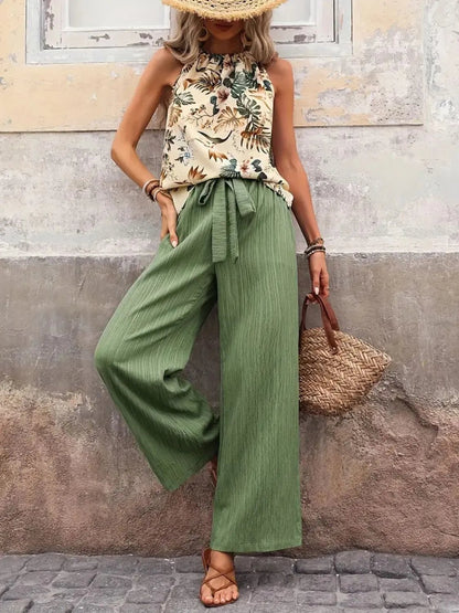 Damen Set mit bedrucktem Tanktop und weitem Hosenbein - Livezo