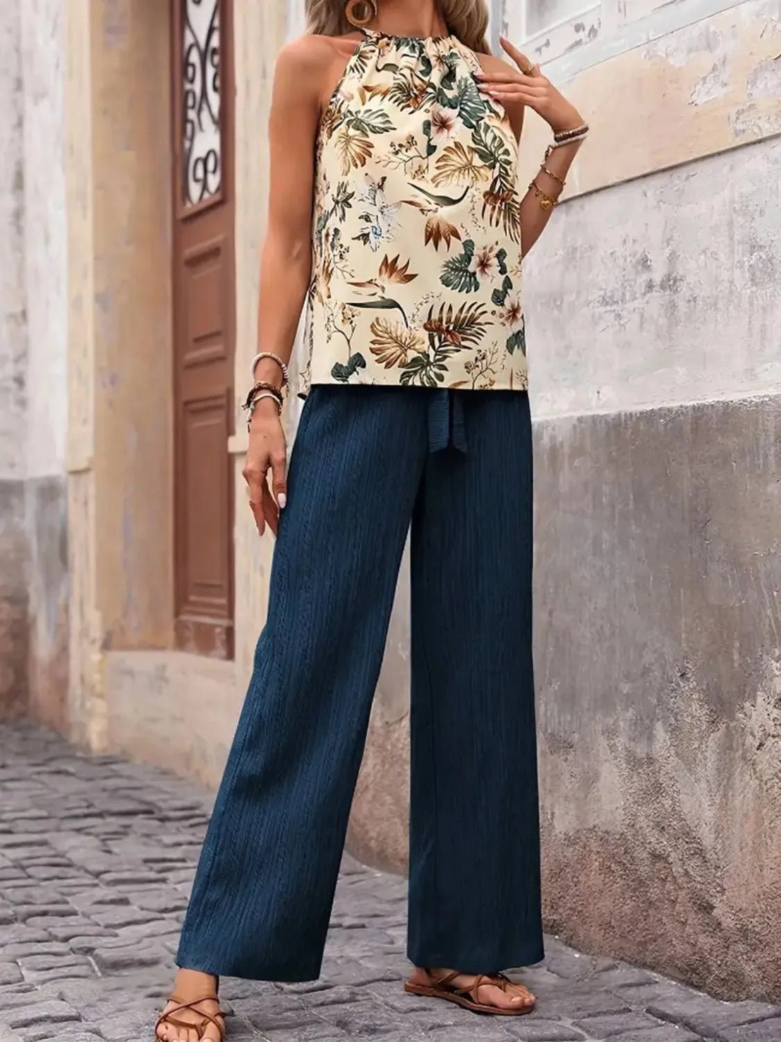 Damen Set mit bedrucktem Tanktop und weitem Hosenbein - Livezo