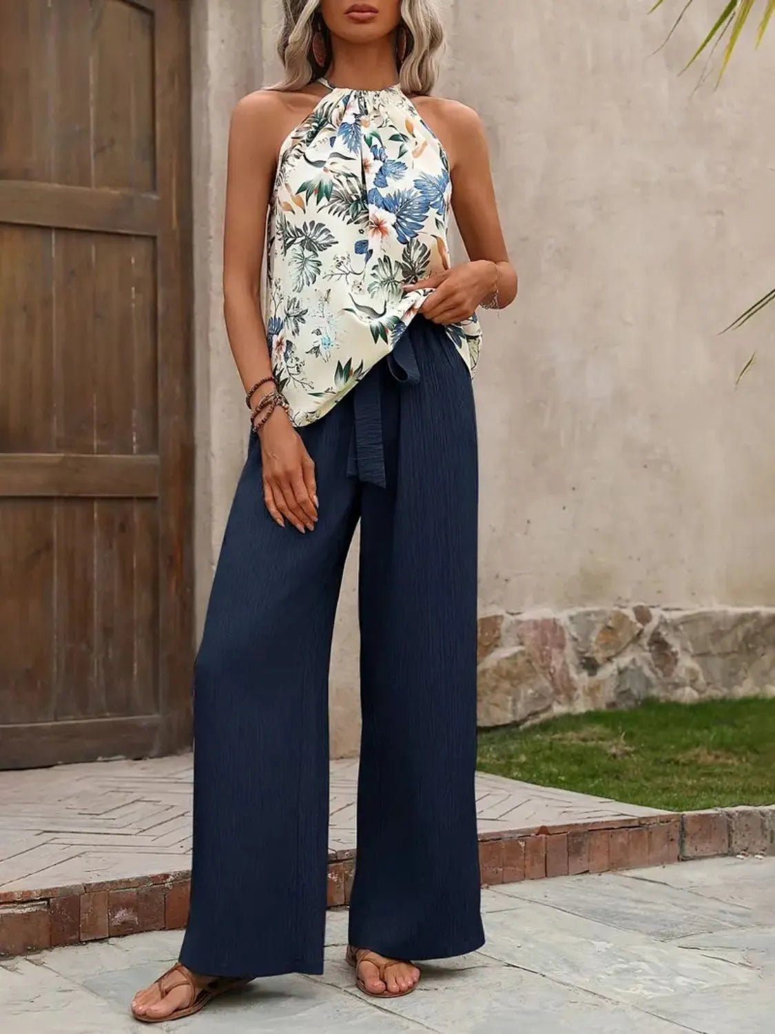 Damen Set mit bedrucktem Tanktop und weitem Hosenbein - Livezo