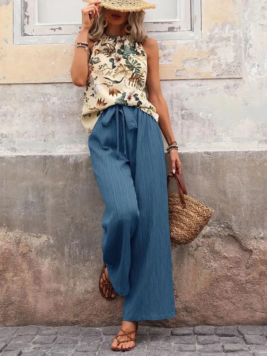 Damen Set mit bedrucktem Tanktop und weitem Hosenbein - Livezo