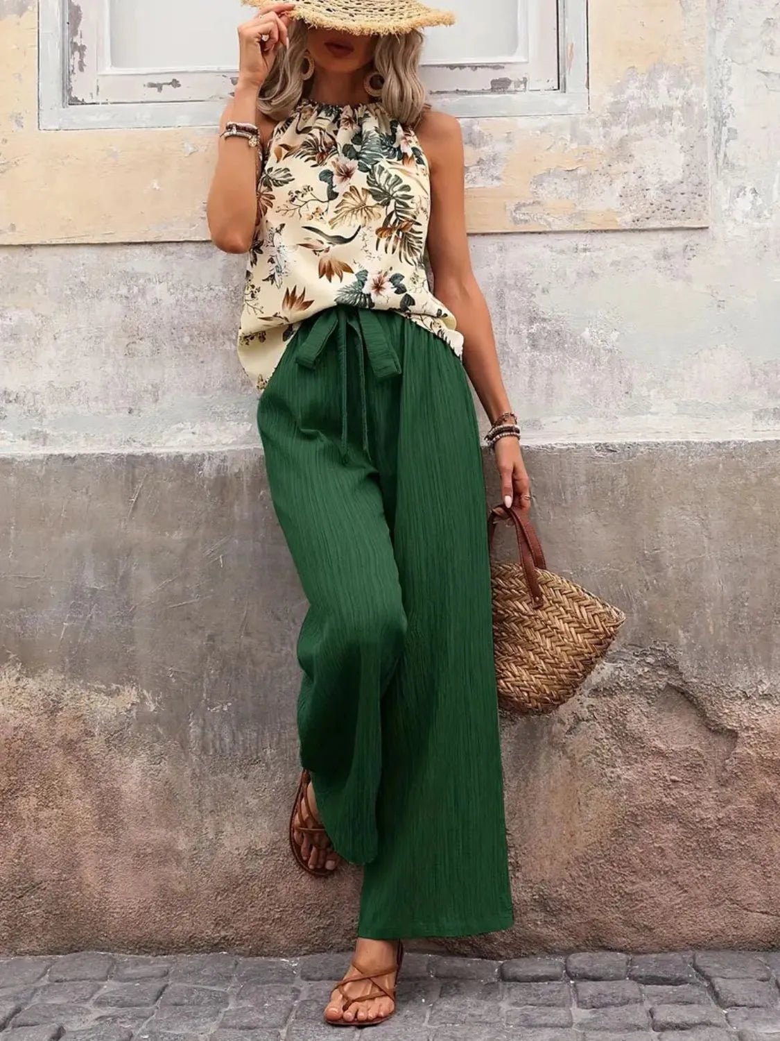 Damen Set mit bedrucktem Tanktop und weitem Hosenbein - Livezo
