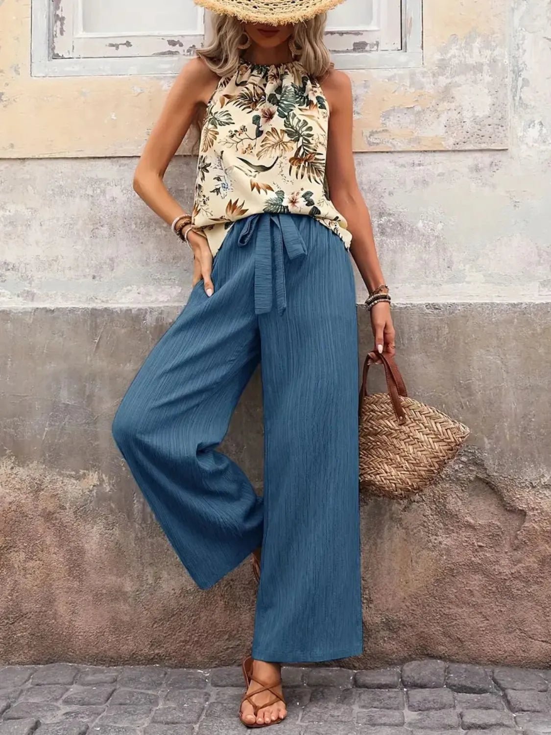 Damen Set mit bedrucktem Tanktop und weitem Hosenbein - Livezo