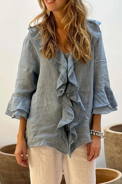 Damen V - Ausschnitt Locker geschnittene Bluse mit Rüschen - Livezo