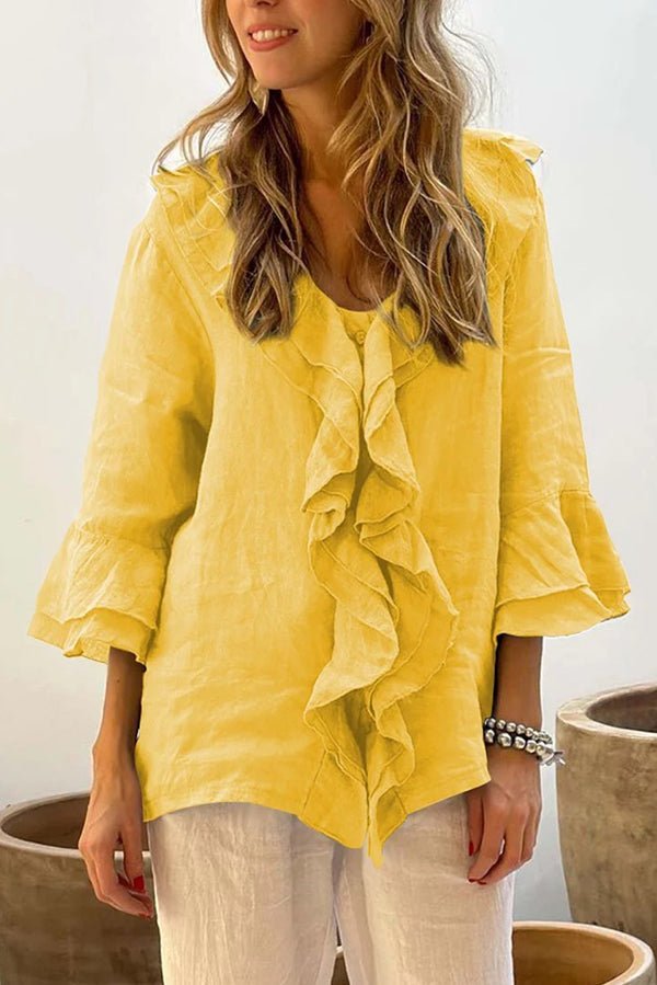 Damen V - Ausschnitt Locker geschnittene Bluse mit Rüschen - Livezo