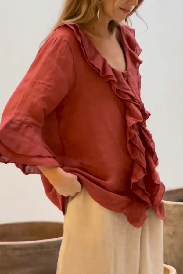 Damen V - Ausschnitt Locker geschnittene Bluse mit Rüschen - Livezo