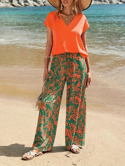 Damen V - Ausschnitt Sommer - Set mit Blumenmuster – Oberteil und Hose - Livezo