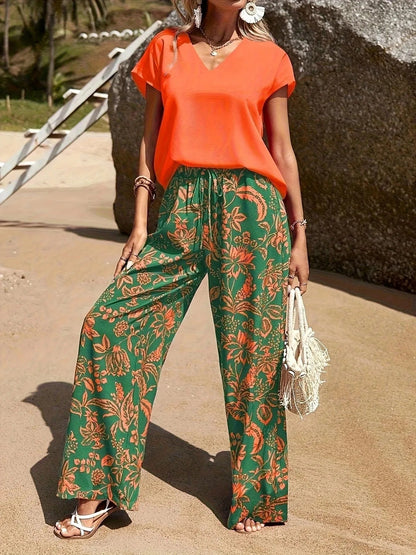 Damen V - Ausschnitt Sommer - Set mit Blumenmuster – Oberteil und Hose - Livezo