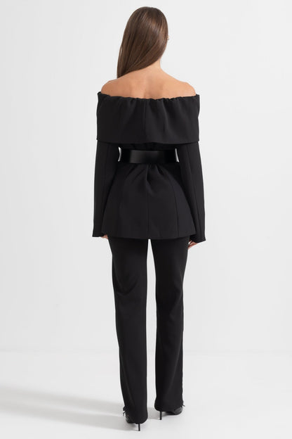 Damen Zweiteiler mit schulterfreiem Blazer, langen Ärmeln und langer Hose - Livezo