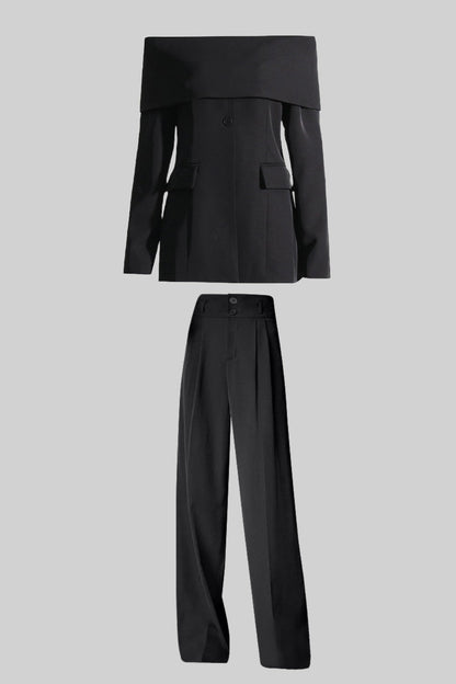 Damen Zweiteiler mit schulterfreiem Blazer, langen Ärmeln und langer Hose - Livezo