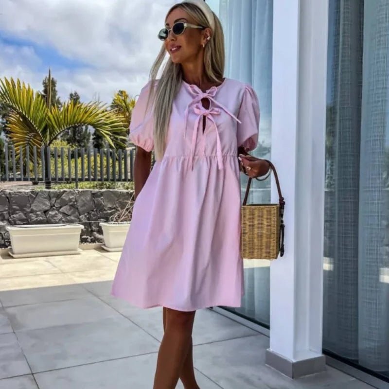 Damenkleid mit Puffärmeln und Schleifendetail - Livezo