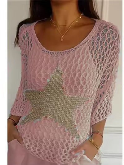 Damenmode Rundhals - Crochet - Strick - Top aus Netz - Livezo