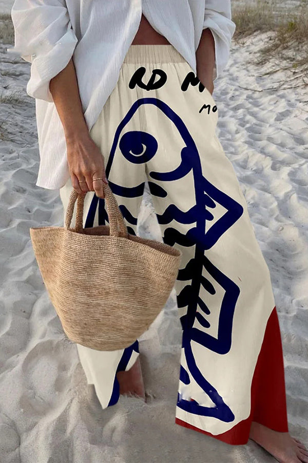 Hosen mit maritimem Print, elastischem Bund, lockerem Schnitt und Taschen