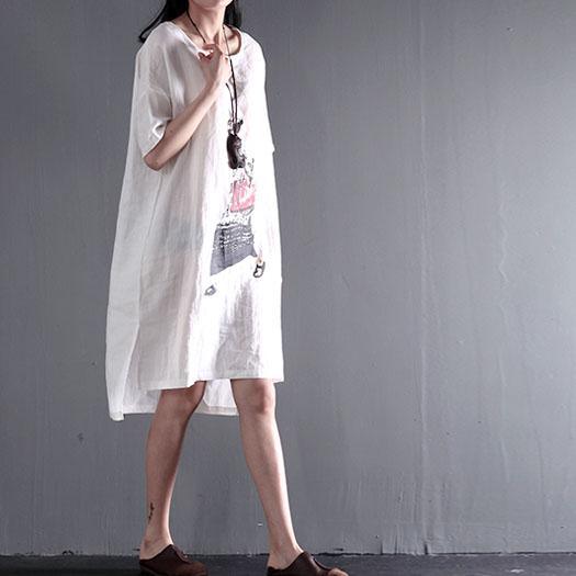 Großgrößen Weißes Leinen Shift-Kleid Sommer Maxikleid