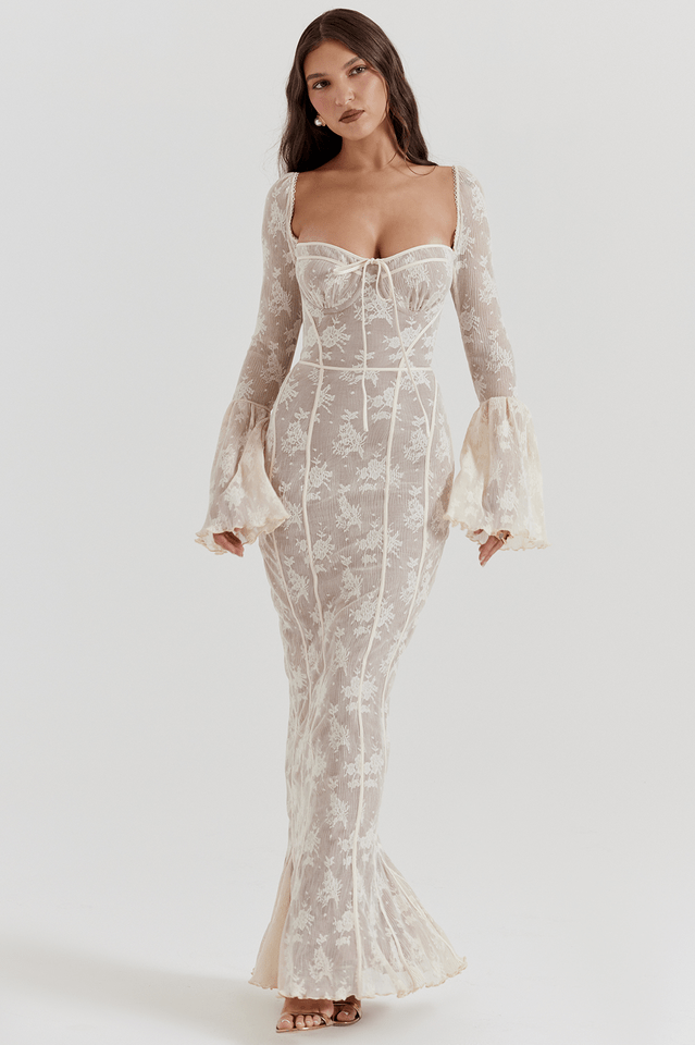 Delilah | Vintage Creme Spitze Maxi - Kleid - Livezo
