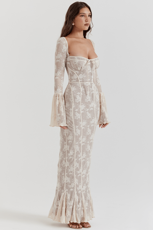 Delilah | Vintage Creme Spitze Maxi - Kleid - Livezo
