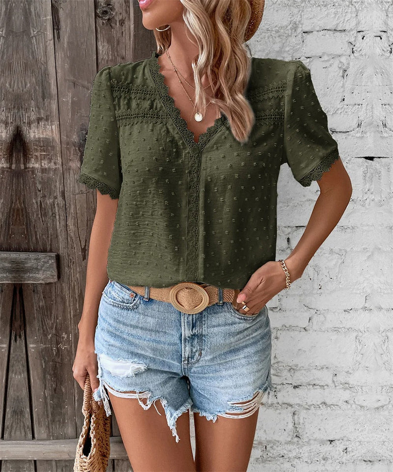 Louisa | Bluse mit Spitzendetails und V-Ausschnitt, Kurzarm