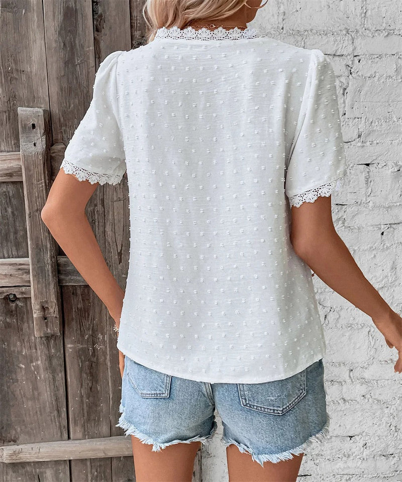 Louisa | Bluse mit Spitzendetails und V-Ausschnitt, Kurzarm