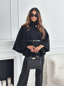 Lineo  Eleganter einfarbiger Woll-Cape-Mantel mit Gürtel