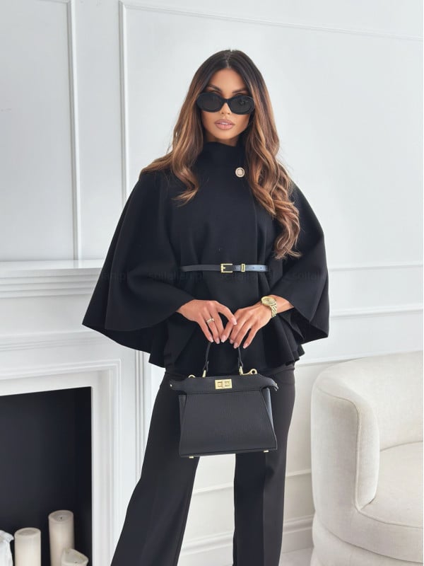 Lineo  Eleganter einfarbiger Woll-Cape-Mantel mit Gürtel