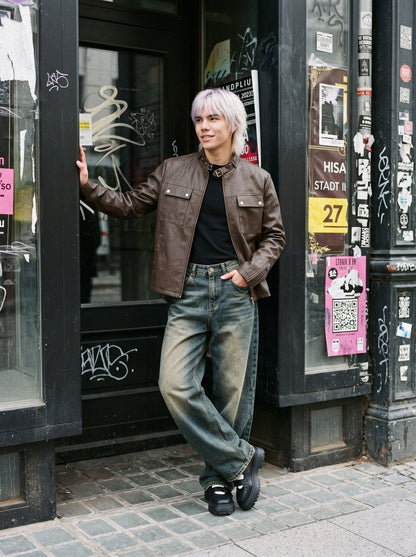 Distressed Textured Boxy Jacket Brown - Harren Cole