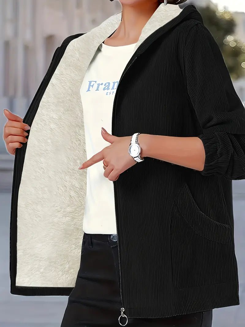 Dora - Solide Kapuzenjacke in Übergröße, lässige warme Zip Up Jacke - Livezo