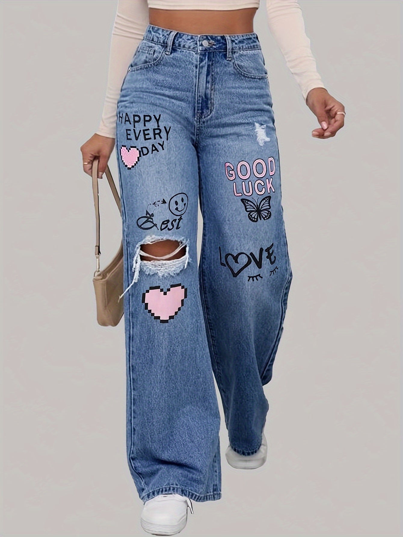 Fett bedruckte High-Waist Jeans mit weitem Bein