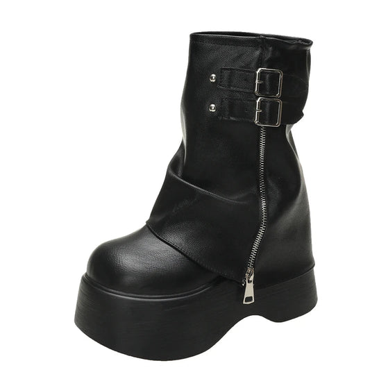 Gothic Plateau Schnallen Stiefel mit Reißverschluss bis zur Mitte der Wade