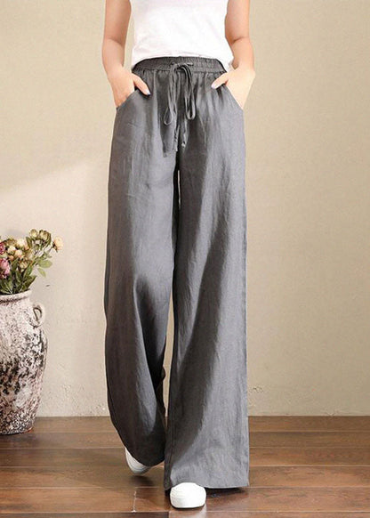 Leinenhose in französischem Grau mit weitem Bein, elastischem Bund und Taschen