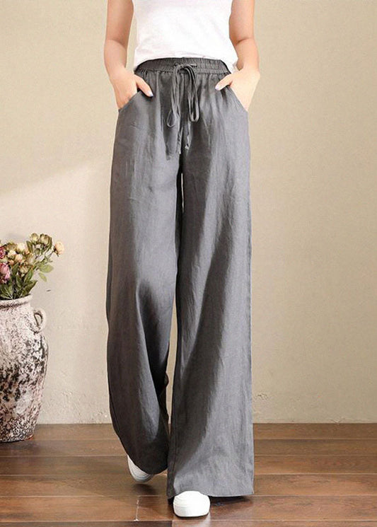 Leinenhose in französischem Grau mit weitem Bein, elastischem Bund und Taschen