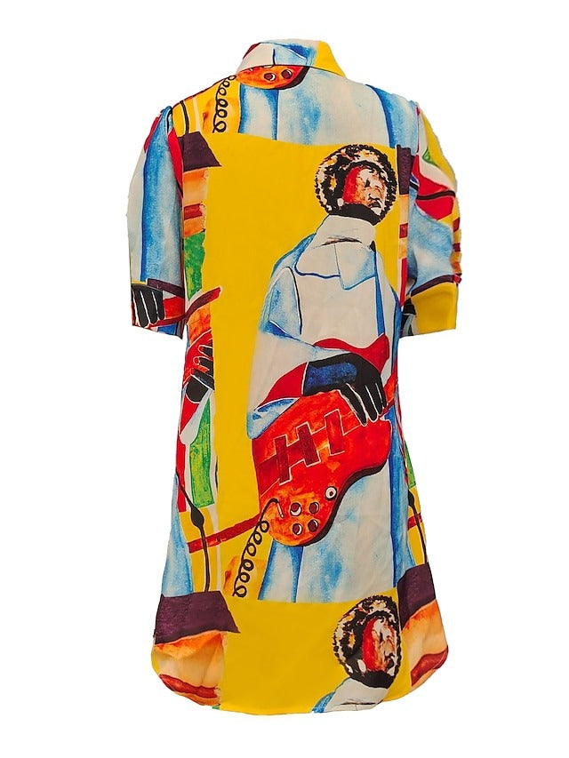 Farbenfrohes, kunstinspiriertes Hemdkleid mit Knopfleiste