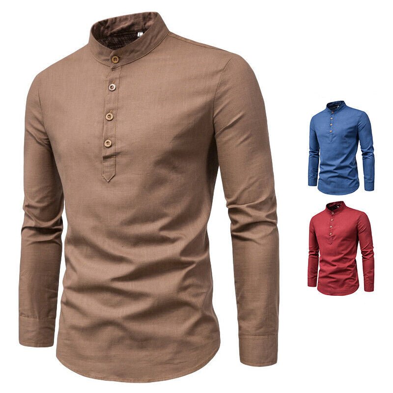 Elegant Linen Shirt with Stand - Up Collar - Harren Cole