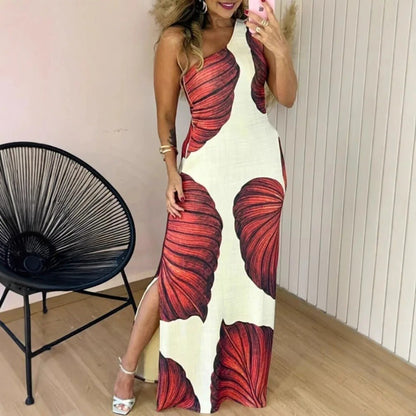 Elegantes Maxikleid mit Palmenprint und One - Shoulder - Ausschnitt - Livezo